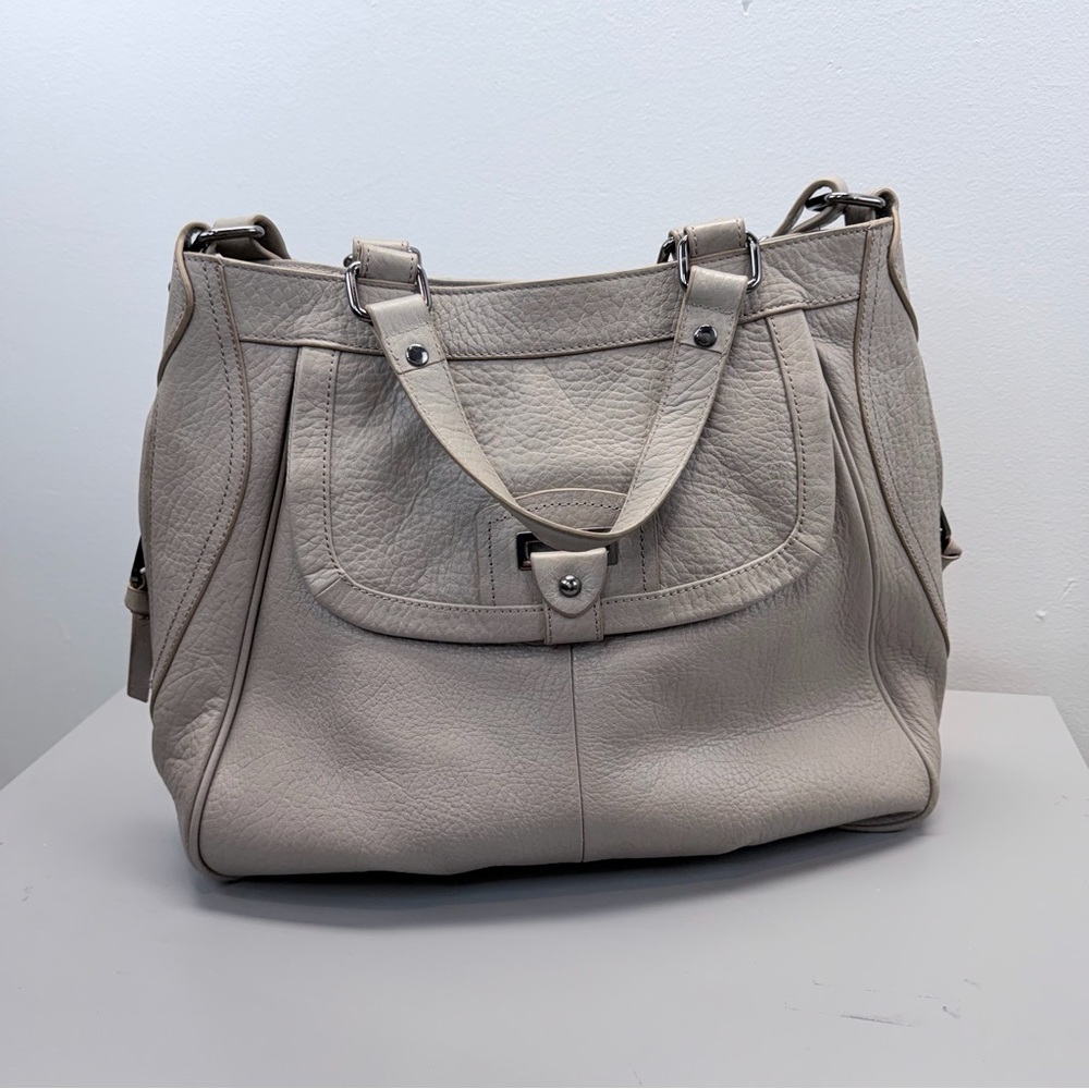 Perlina Gray Taupe Pebbled Leather Shoulder Bag Hobo